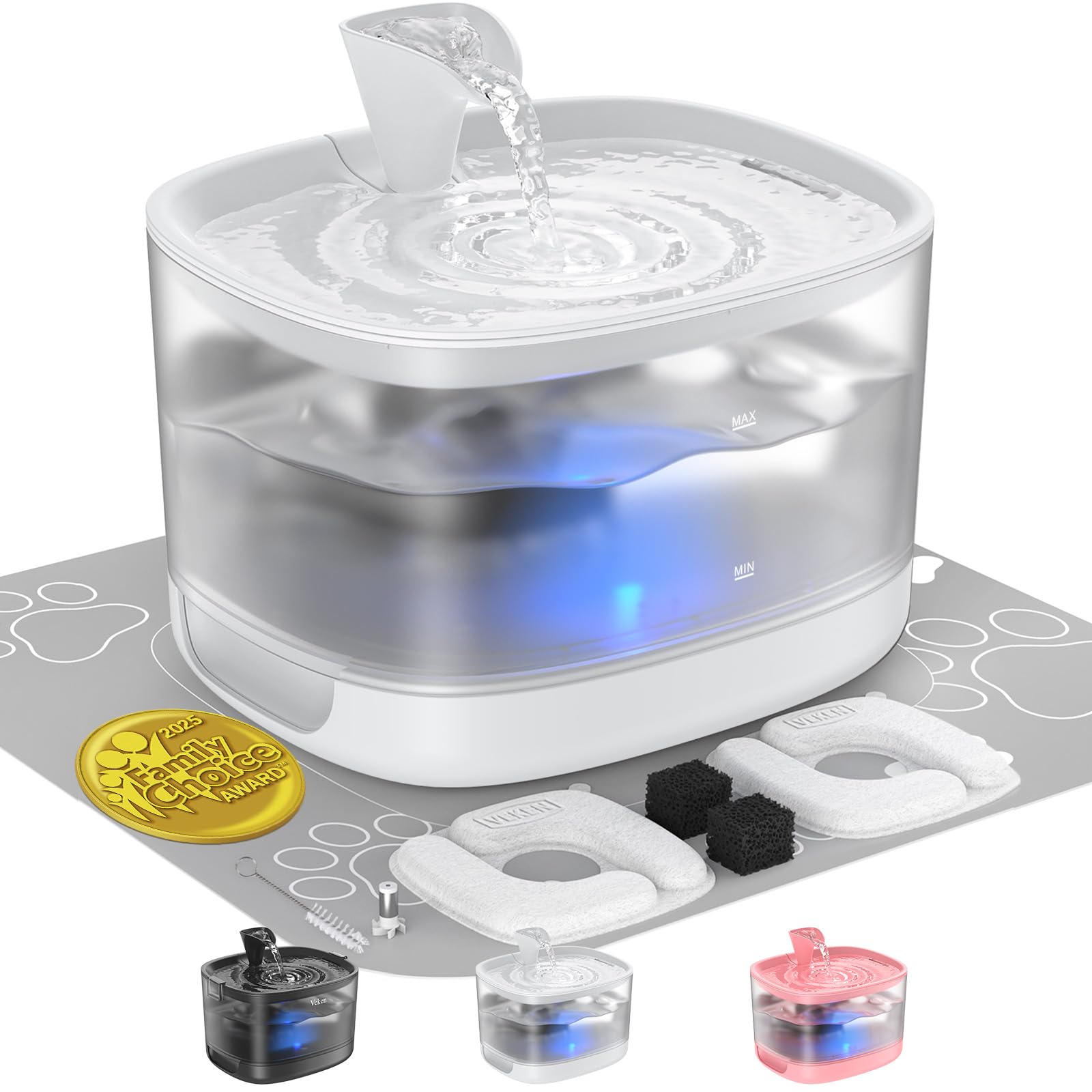 Veken 2.5L Quiet Cat Water Fountain with LED Light