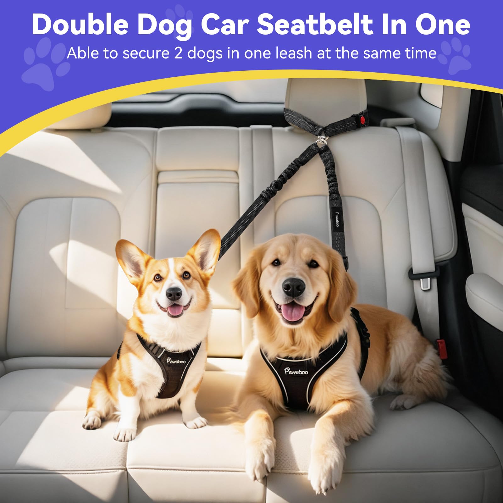 Pawaboo 2-Pack Reflective Bungee Dog Car Seat Belts