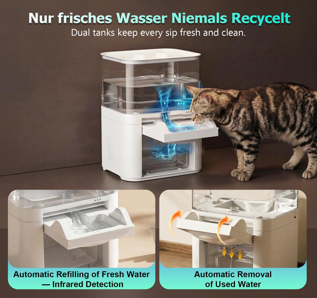 Amicura Cat Water Fountain, Wastewater Separation & No Filter Cotton, Pet Water Dispenser with 4000mAh 4L Large Capacity Tank, Wireless Automatic Water Fountains for Cats Indoor Cat Watering Supplies