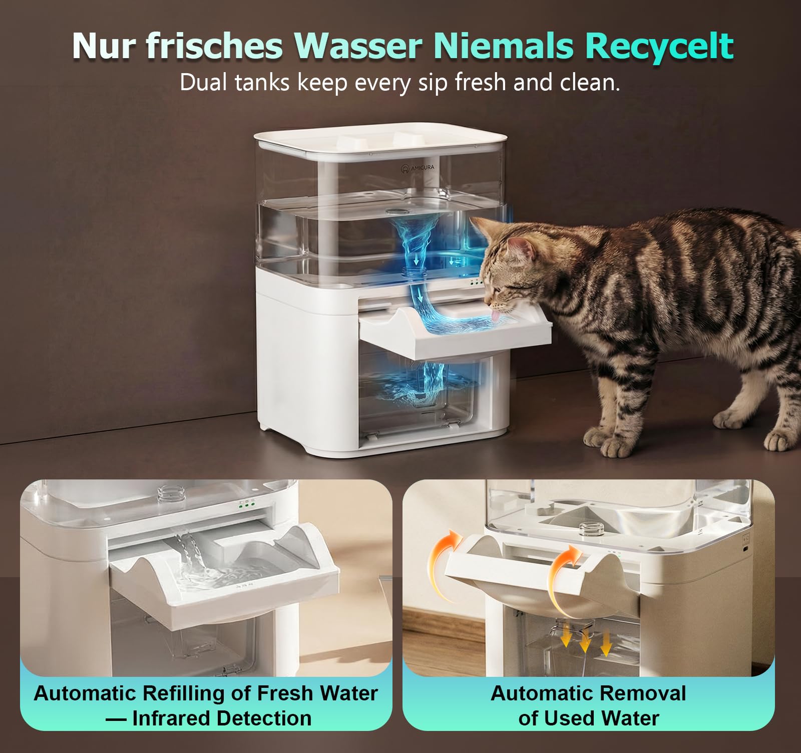 Amicura Cat Water Fountain, Wastewater Separation & No Filter Cotton, Pet Water Dispenser with 4000mAh 4L Large Capacity Tank, Wireless Automatic Water Fountains for Cats Indoor Cat Watering Supplies