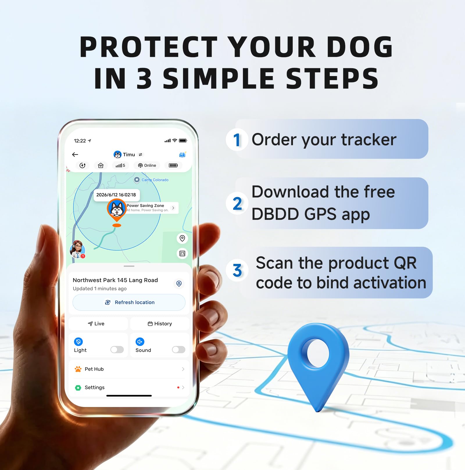 DBDD AI GPS Tracker for Dogs, Real-Time Location, Electronic Fence, Health Monitoring, Waterproof, for Medium Large Dogs, iOS Android