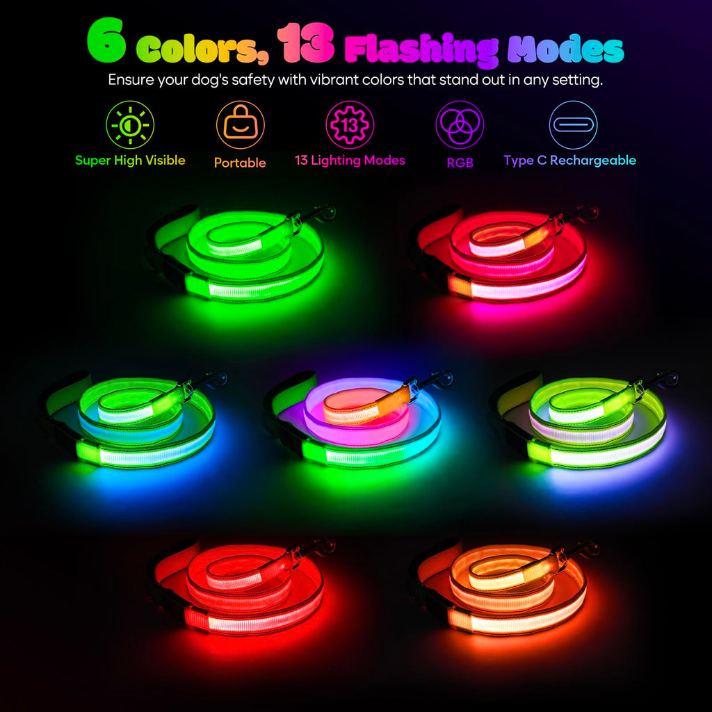 USB-C Rechargeable 13-Mode LED Dog Leash, 4 Feet
