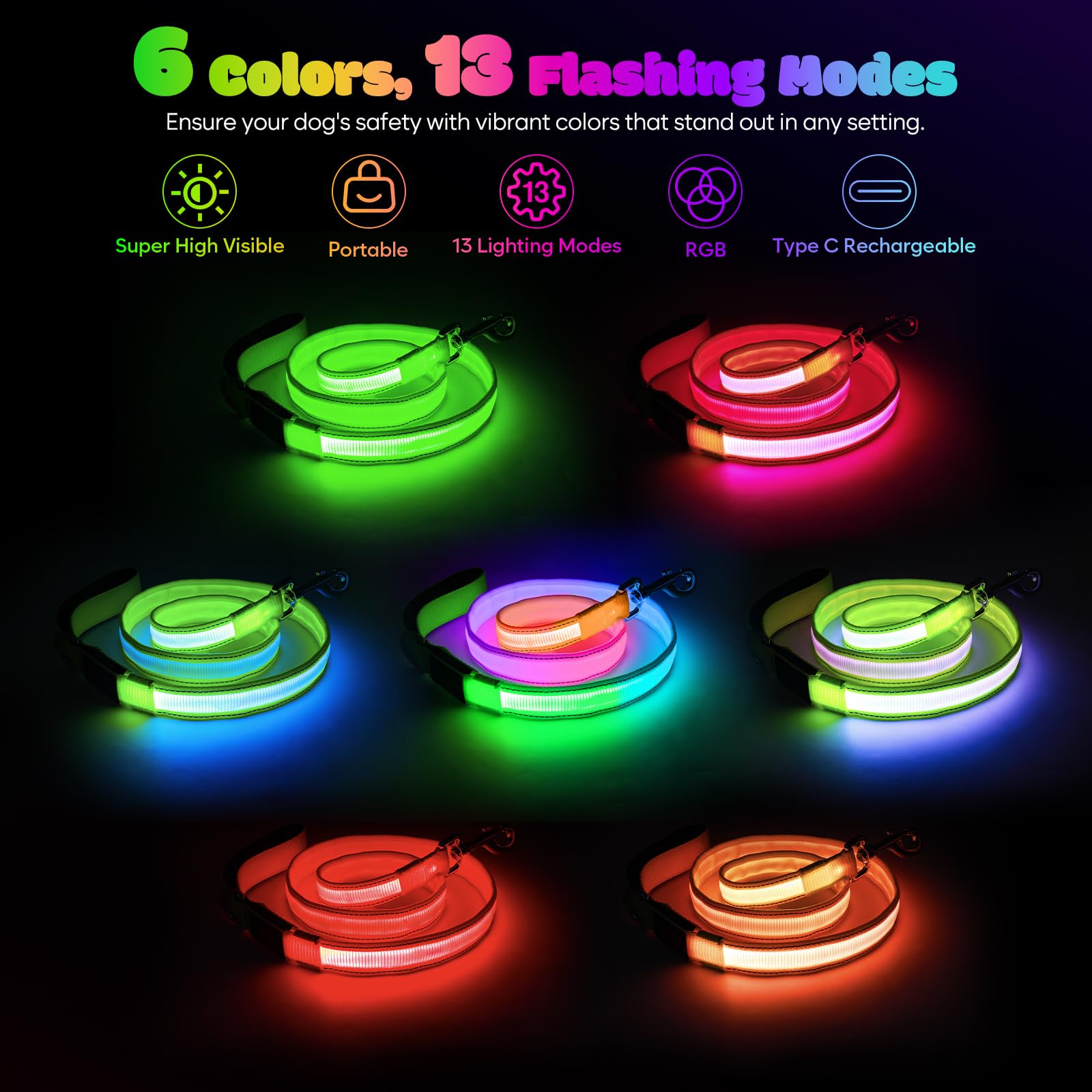 USB-C Rechargeable 13-Mode LED Dog Leash, 4 Feet