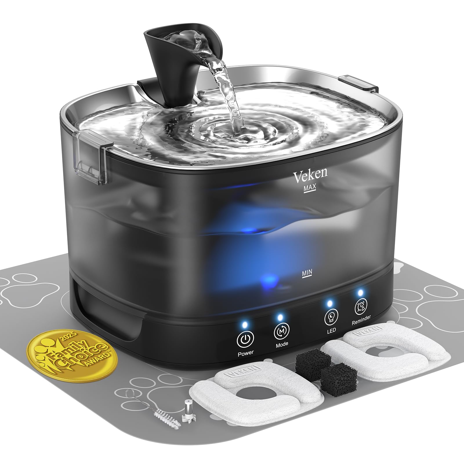 Veken 2.5L Quiet Cat Water Fountain with LED Light