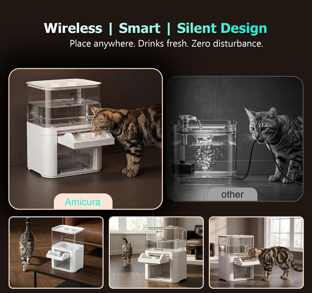 Amicura Cat Water Fountain, Wastewater Separation & No Filter Cotton, Pet Water Dispenser with 4000mAh 4L Large Capacity Tank, Wireless Automatic Water Fountains for Cats Indoor Cat Watering Supplies