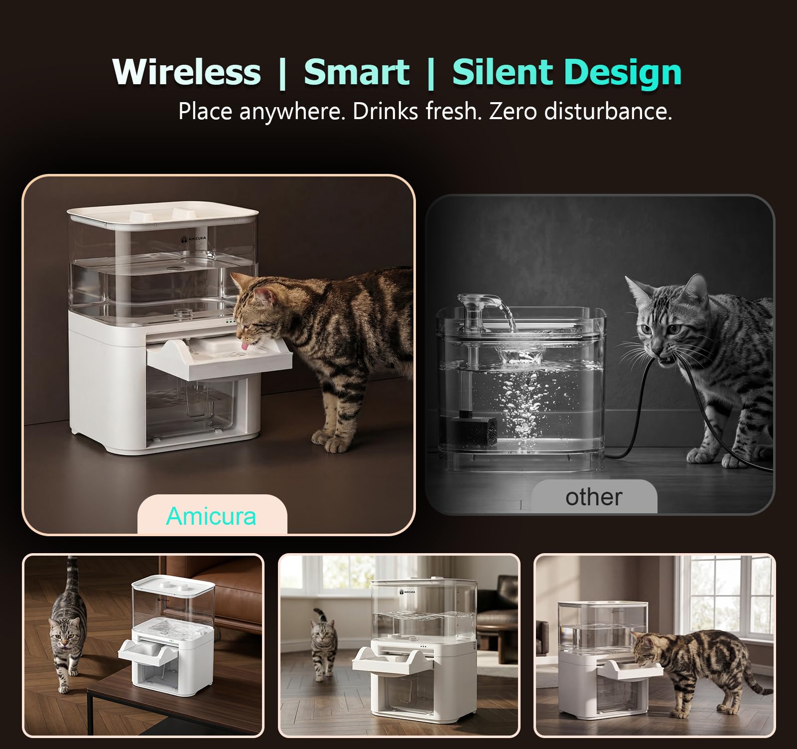 Amicura Cat Water Fountain, Wastewater Separation & No Filter Cotton, Pet Water Dispenser with 4000mAh 4L Large Capacity Tank, Wireless Automatic Water Fountains for Cats Indoor Cat Watering Supplies