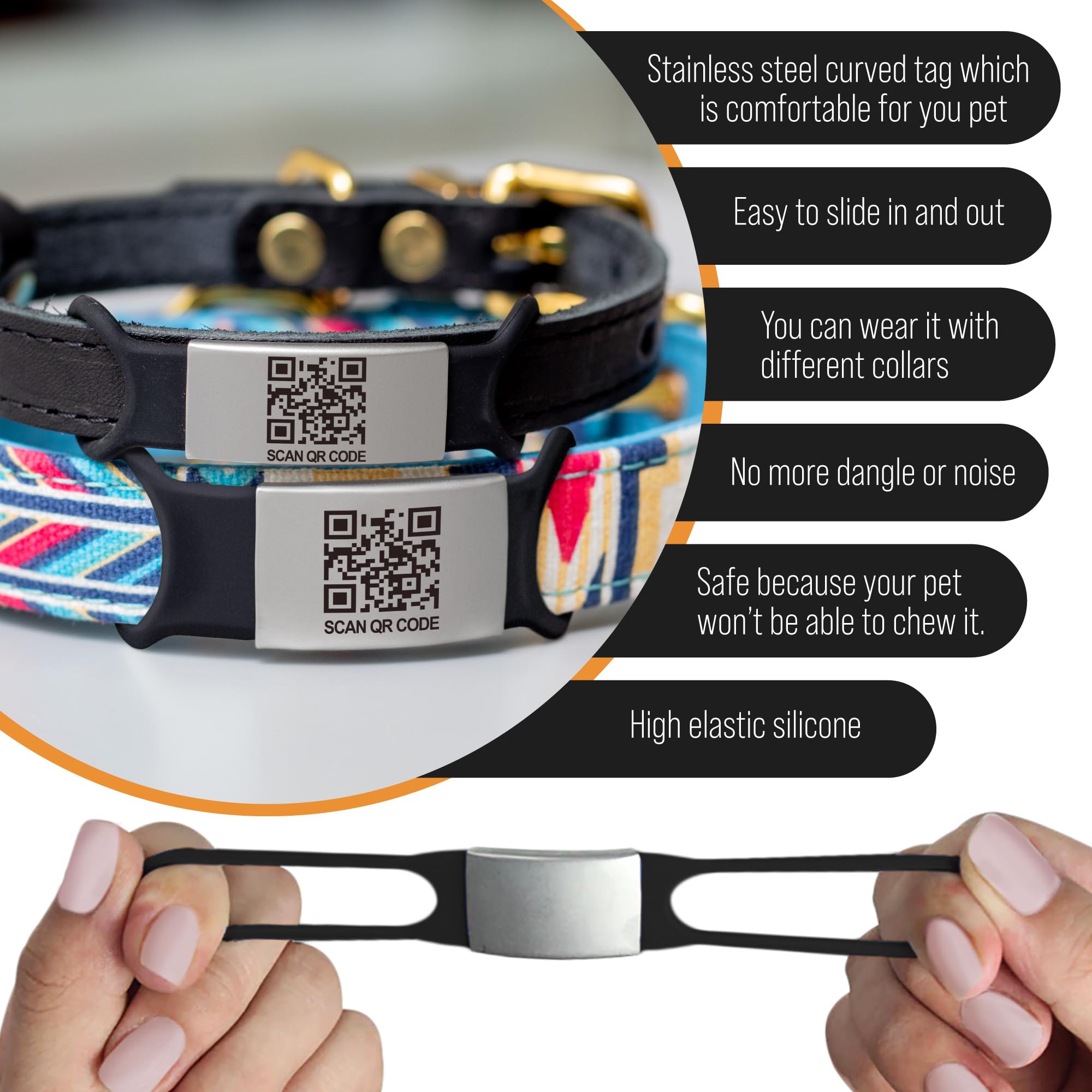 Smart Slide-On QR Code Pet Tag – Silent Dog & Cat ID Tag with Laser Engraving – Stainless Steel & Silicone – No App Needed – Custom Pet Profile – Fits Most Collars