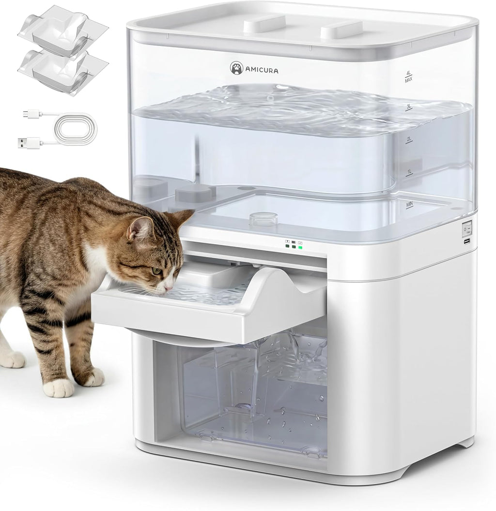 Amicura Cat Water Fountain, Wastewater Separation & No Filter Cotton, Pet Water Dispenser with 4000mAh 4L Large Capacity Tank, Wireless Automatic Water Fountains for Cats Indoor Cat Watering Supplies