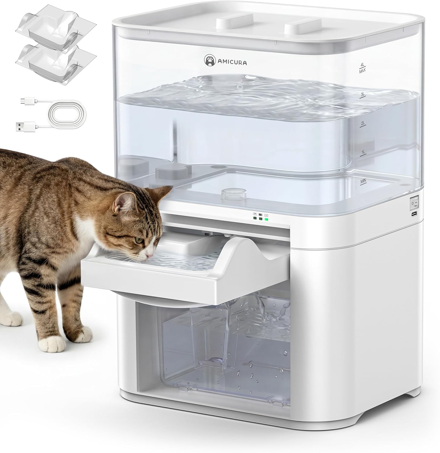 Amicura Cat Water Fountain, Wastewater Separation & No Filter Cotton, Pet Water Dispenser with 4000mAh 4L Large Capacity Tank, Wireless Automatic Water Fountains for Cats Indoor Cat Watering Supplies