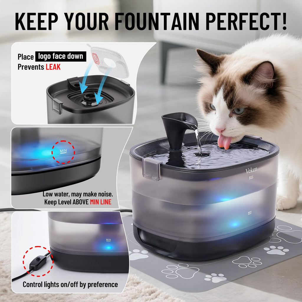 Veken Cat Water Fountain with Detachable Tank, Easy to Clean & Assemble, 85oz/2.5L Automatic Pet Drinking Dispenser with Quiet Operation & LED Light for Cats, Dogs and Small Pets