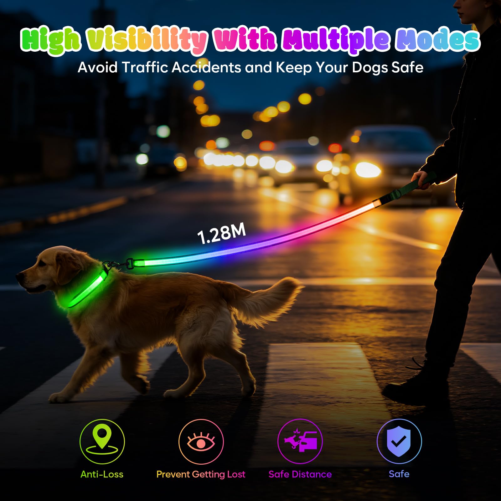 USB-C Rechargeable 13-Mode LED Dog Leash, 4 Feet