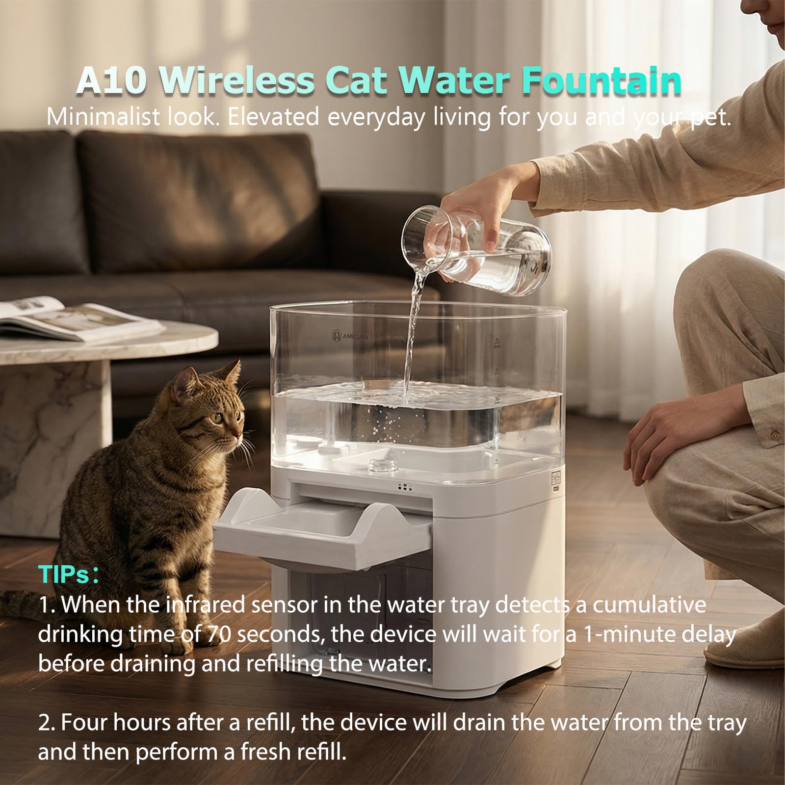 Amicura Cat Water Fountain, Wastewater Separation & No Filter Cotton, Pet Water Dispenser with 4000mAh 4L Large Capacity Tank, Wireless Automatic Water Fountains for Cats Indoor Cat Watering Supplies