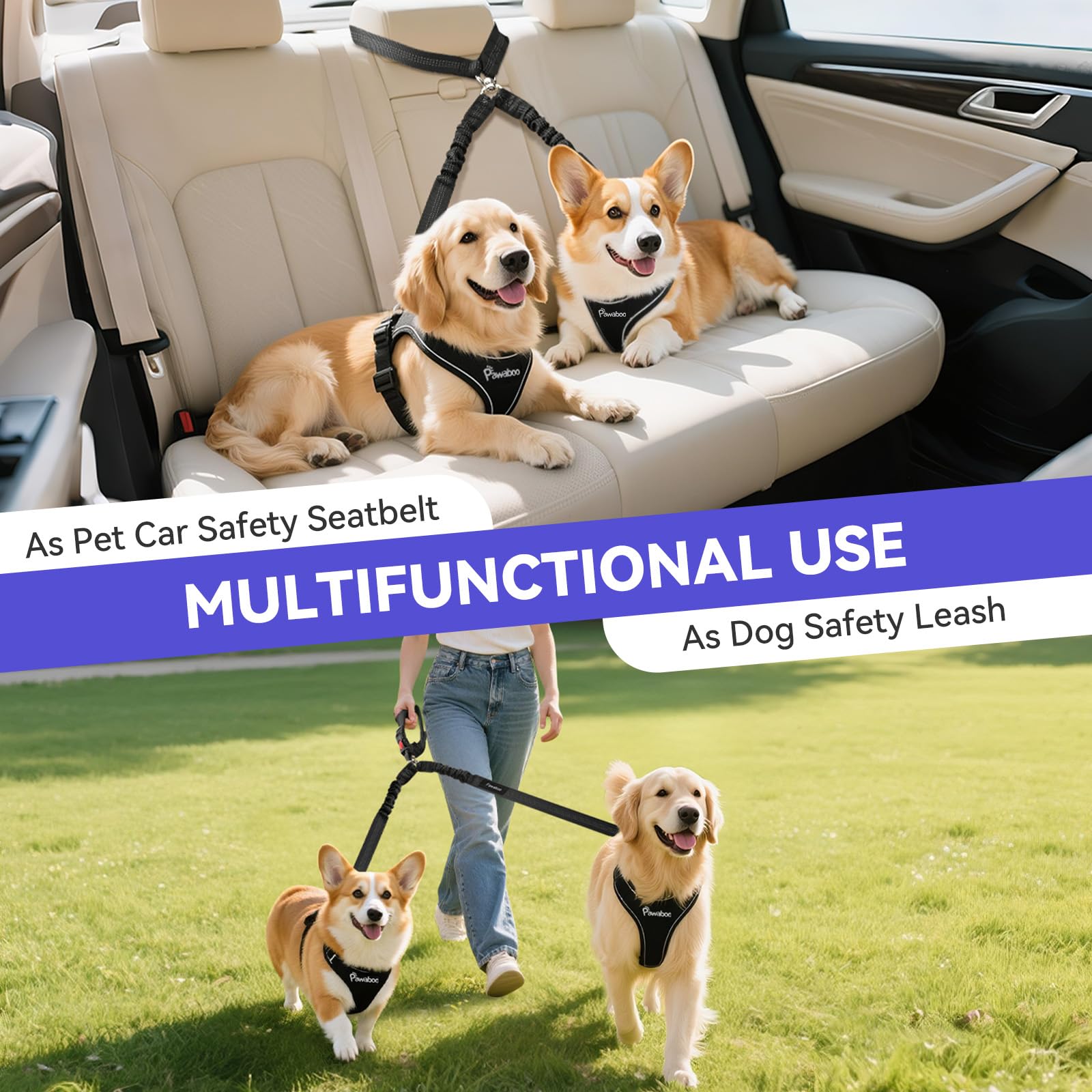 Pawaboo 2-Pack Reflective Bungee Dog Car Seat Belts