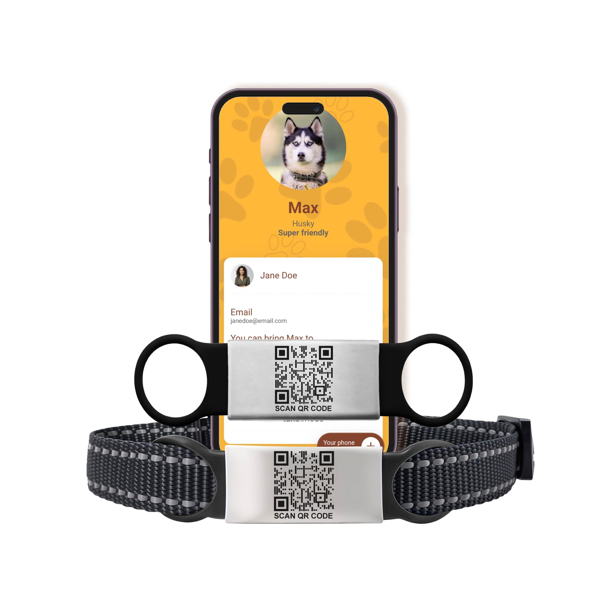 Smart Slide-On QR Code Pet Tag – Silent Dog & Cat ID Tag with Laser Engraving – Stainless Steel & Silicone – No App Needed – Custom Pet Profile – Fits Most Collars