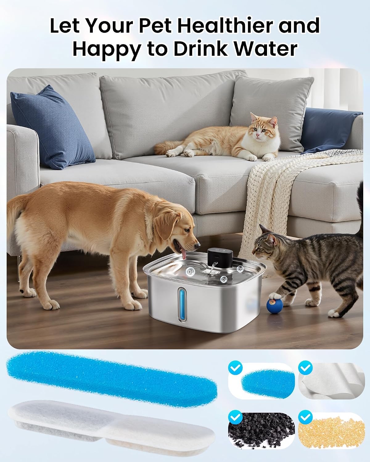 Smart Dog Water Bowl Dispenser Large, 10L/ 2.64Gal Cordless Dog Water Fountain Stainless Steel with APP Monitoring, 4000mah Automatic Cat Water Fountain for Mutil-Pets Large Dogs, 3 Fountain Modes