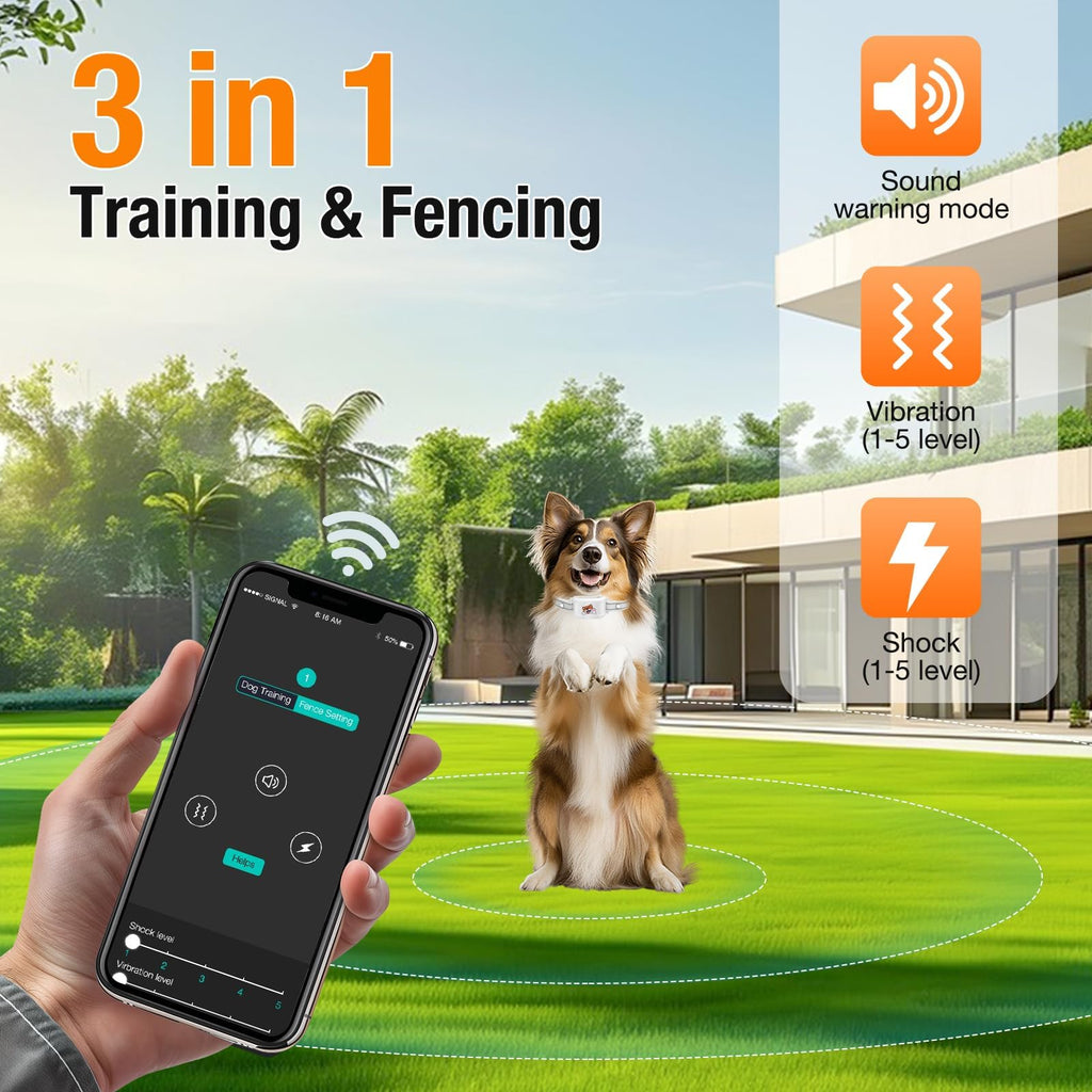 UJQW GPS + Wireless Dog Fence & Training Collar – No Subscription, App Geo-Fence 3280ft, 60-164ft Bluetooth Training, 3 Correction Modes, Auto Sleep/Wake, 7-Day Battery, 3-Dog Support