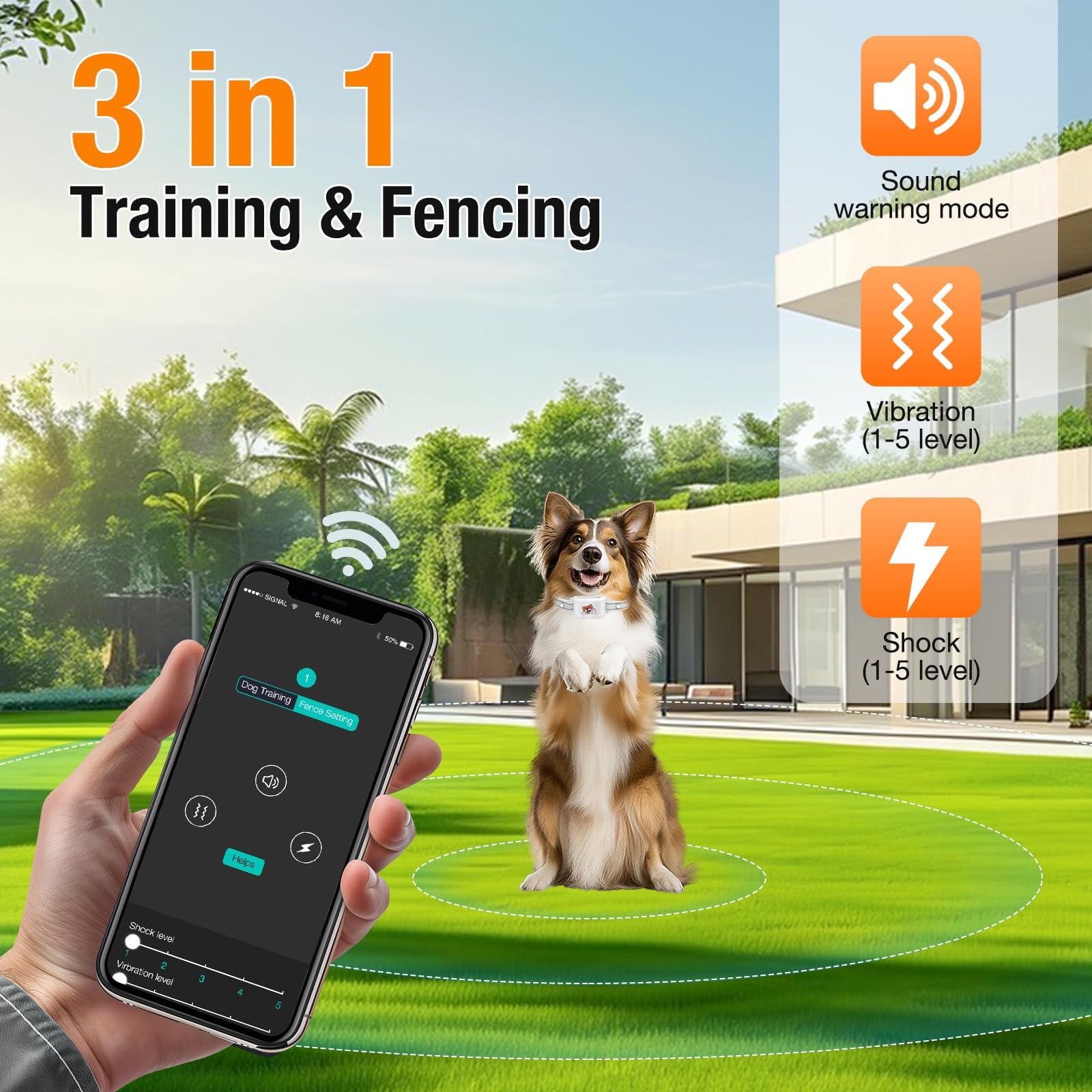 UJQW GPS + Wireless Dog Fence & Training Collar – No Subscription, App Geo-Fence 3280ft, 60-164ft Bluetooth Training, 3 Correction Modes, Auto Sleep/Wake, 7-Day Battery, 3-Dog Support