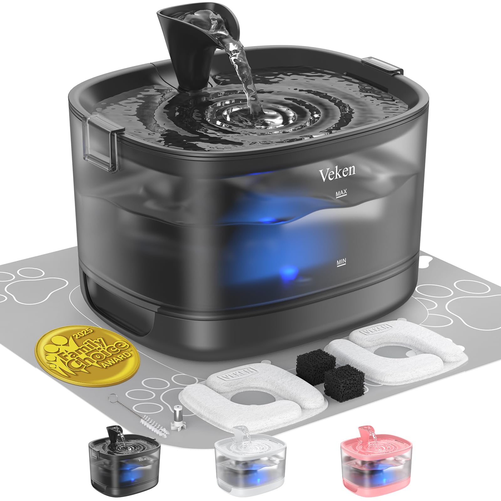 Veken 2.5L Quiet Cat Water Fountain with LED Light
