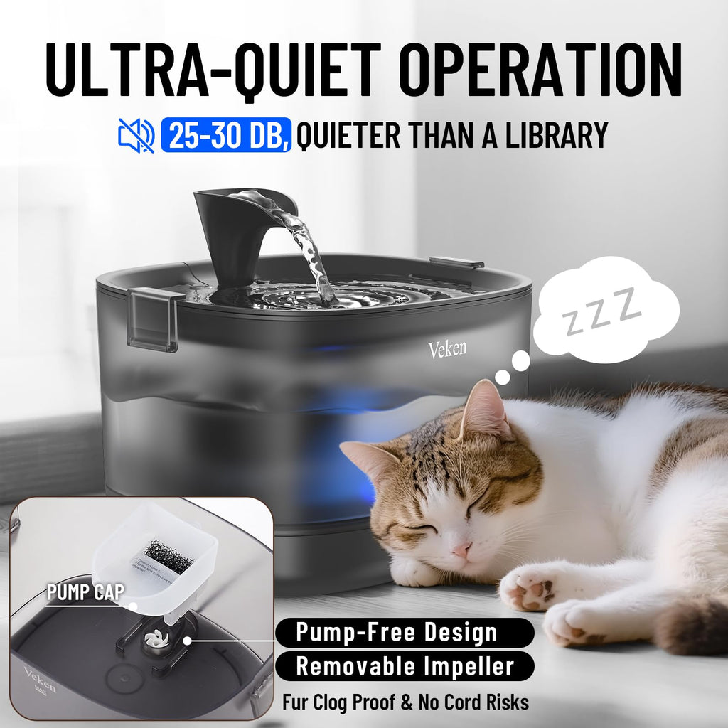 Veken Cat Water Fountain with Detachable Tank, Easy to Clean & Assemble, 85oz/2.5L Automatic Pet Drinking Dispenser with Quiet Operation & LED Light for Cats, Dogs and Small Pets