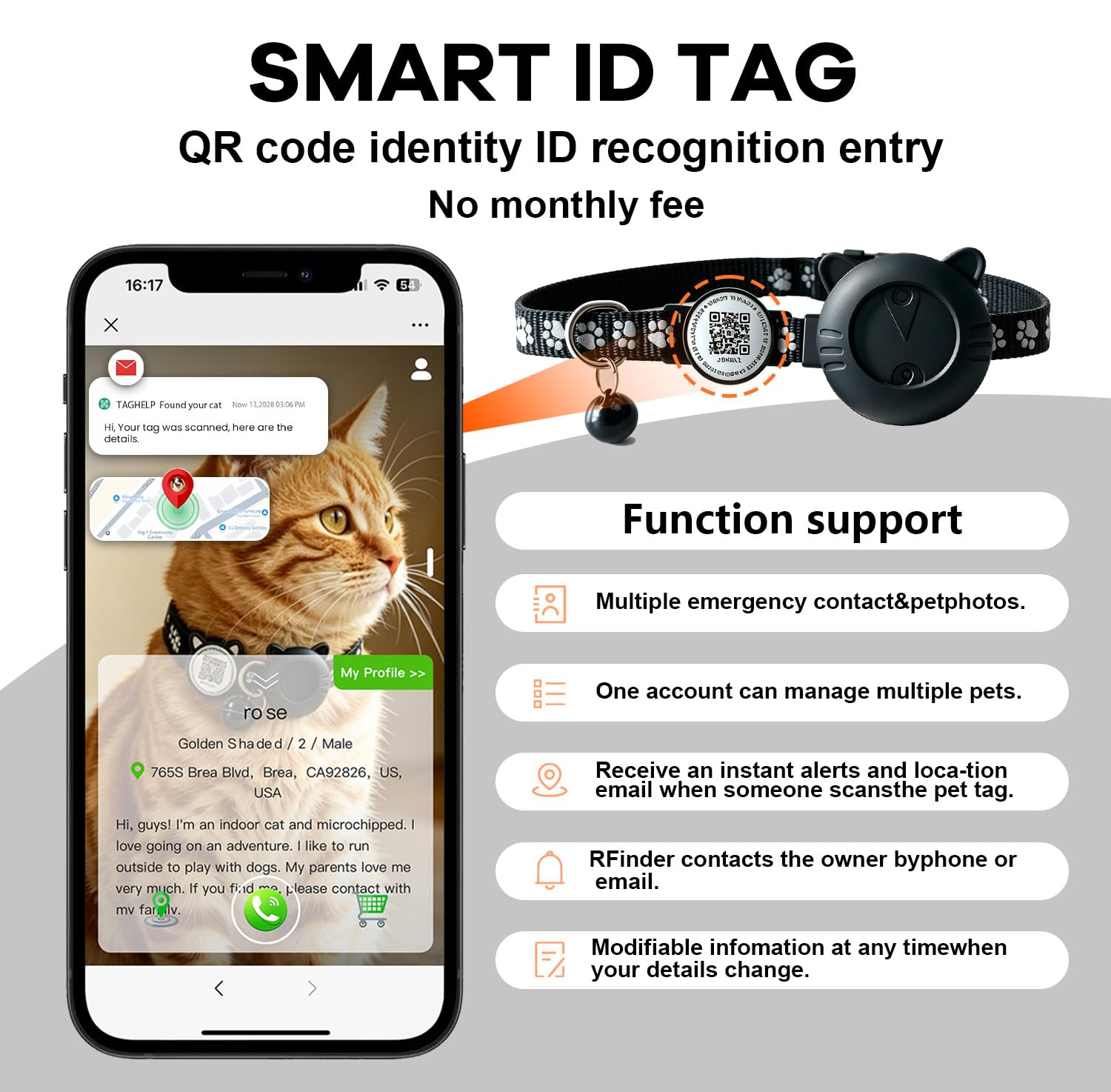 Smart GPS Cat Tracker Collar with QR Code - Waterproof Pet Locator for Small to Large Cats - Compatible with Apple Find My - No Monthly Fees - Advanced Tracking Solution