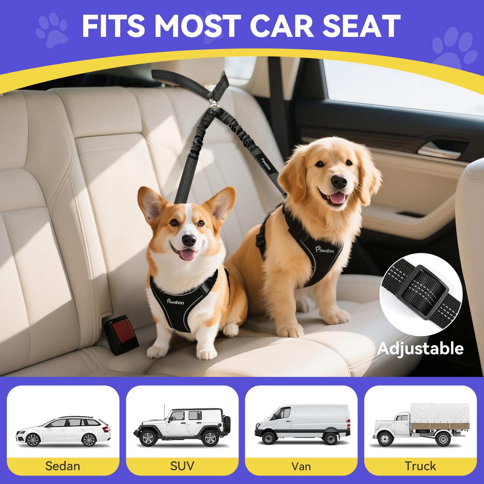 Pawaboo 2-Pack Reflective Bungee Dog Car Seat Belts