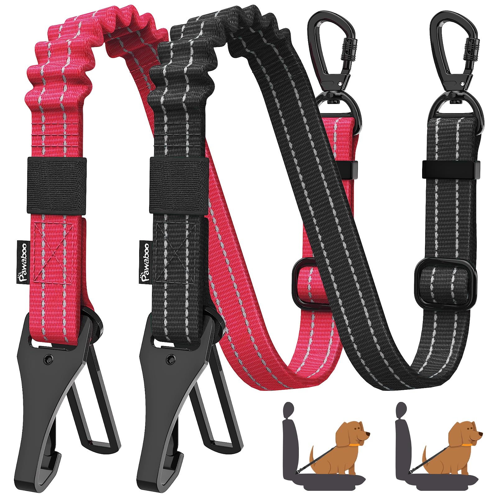 Pawaboo 2-Pack Reflective Bungee Dog Car Seat Belts