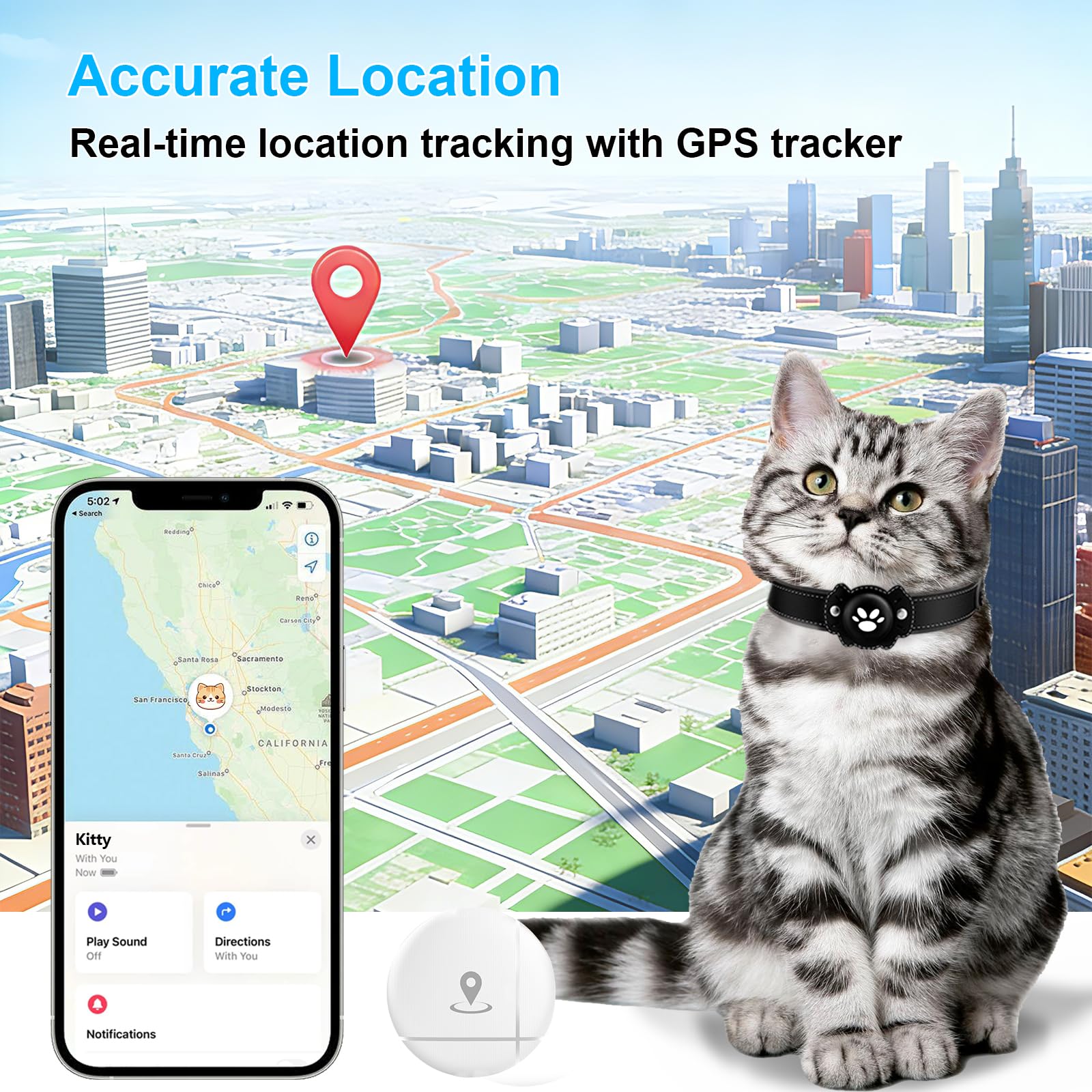 BONSO 2-in-1 GPS Tracker for Cats: Smart Pet Collar with Real-Time Tracking,No Monthly Fee/Subscription (iOS & Android) Waterproof, Anti-Lost,365-Day Long Battery Life GPS Tracker Cat Collar