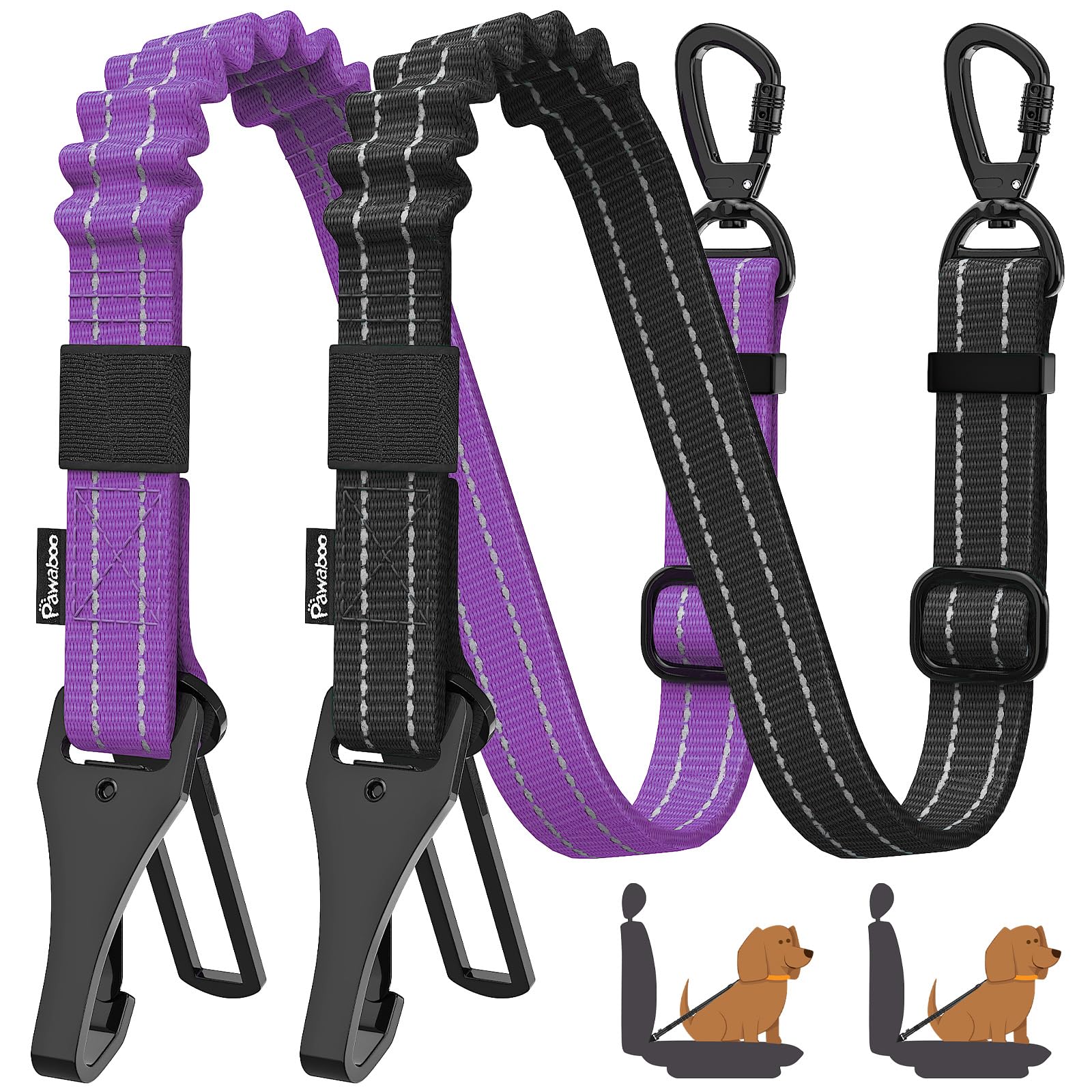 Pawaboo 2-Pack Reflective Bungee Dog Car Seat Belts