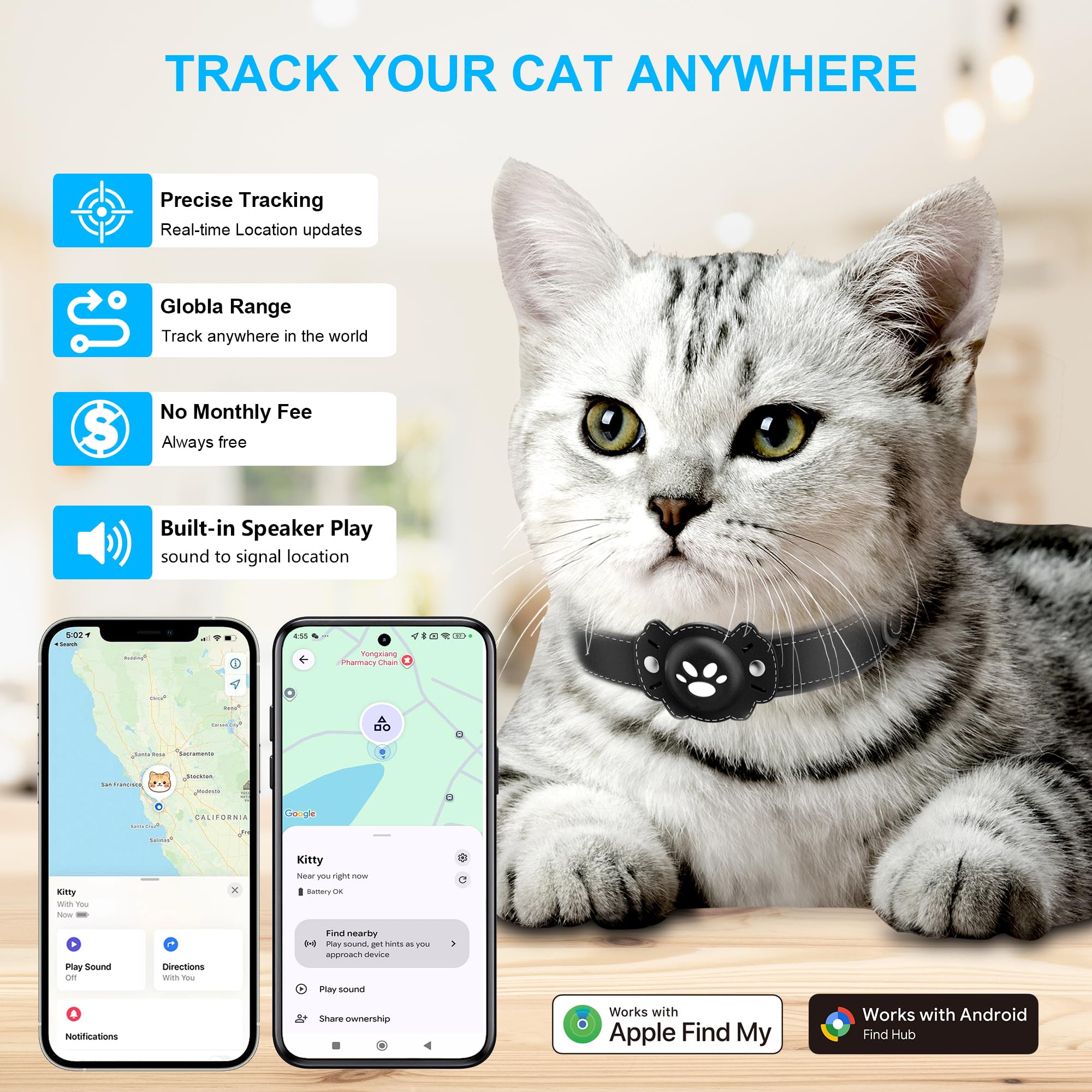 BONSO 2-in-1 GPS Tracker for Cats: Smart Pet Collar with Real-Time Tracking,No Monthly Fee/Subscription (iOS & Android) Waterproof, Anti-Lost,365-Day Long Battery Life GPS Tracker Cat Collar