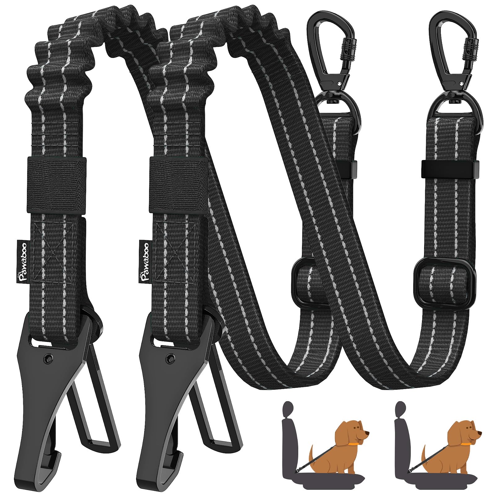 Pawaboo 2-Pack Reflective Bungee Dog Car Seat Belts