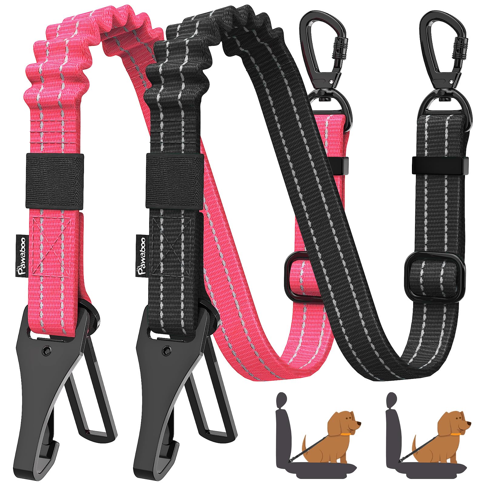 Pawaboo 2-Pack Reflective Bungee Dog Car Seat Belts