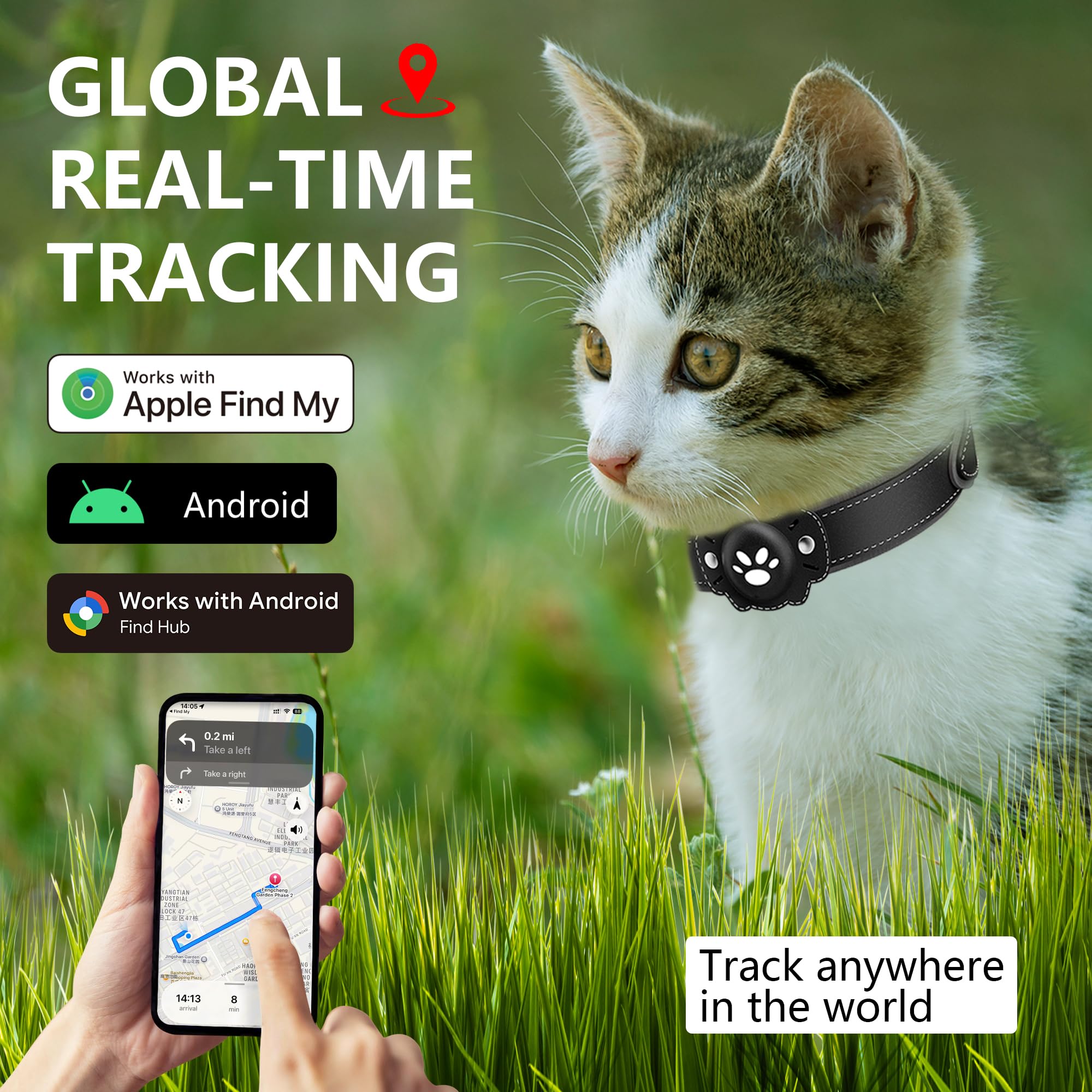 BONSO 2-in-1 GPS Tracker for Cats: Smart Pet Collar with Real-Time Tracking,No Monthly Fee/Subscription (iOS & Android) Waterproof, Anti-Lost,365-Day Long Battery Life GPS Tracker Cat Collar