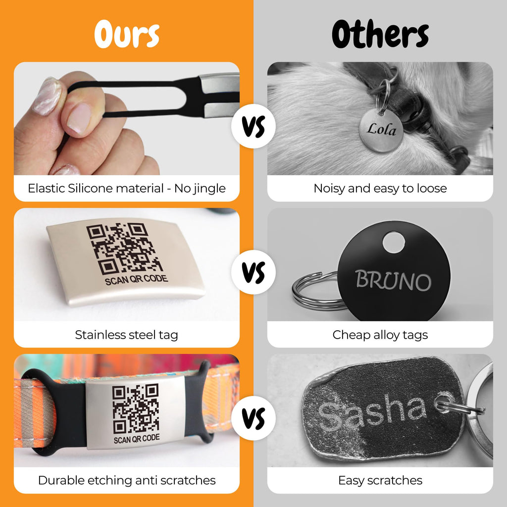 Smart Slide-On QR Code Pet Tag – Silent Dog & Cat ID Tag with Laser Engraving – Stainless Steel & Silicone – No App Needed – Custom Pet Profile – Fits Most Collars