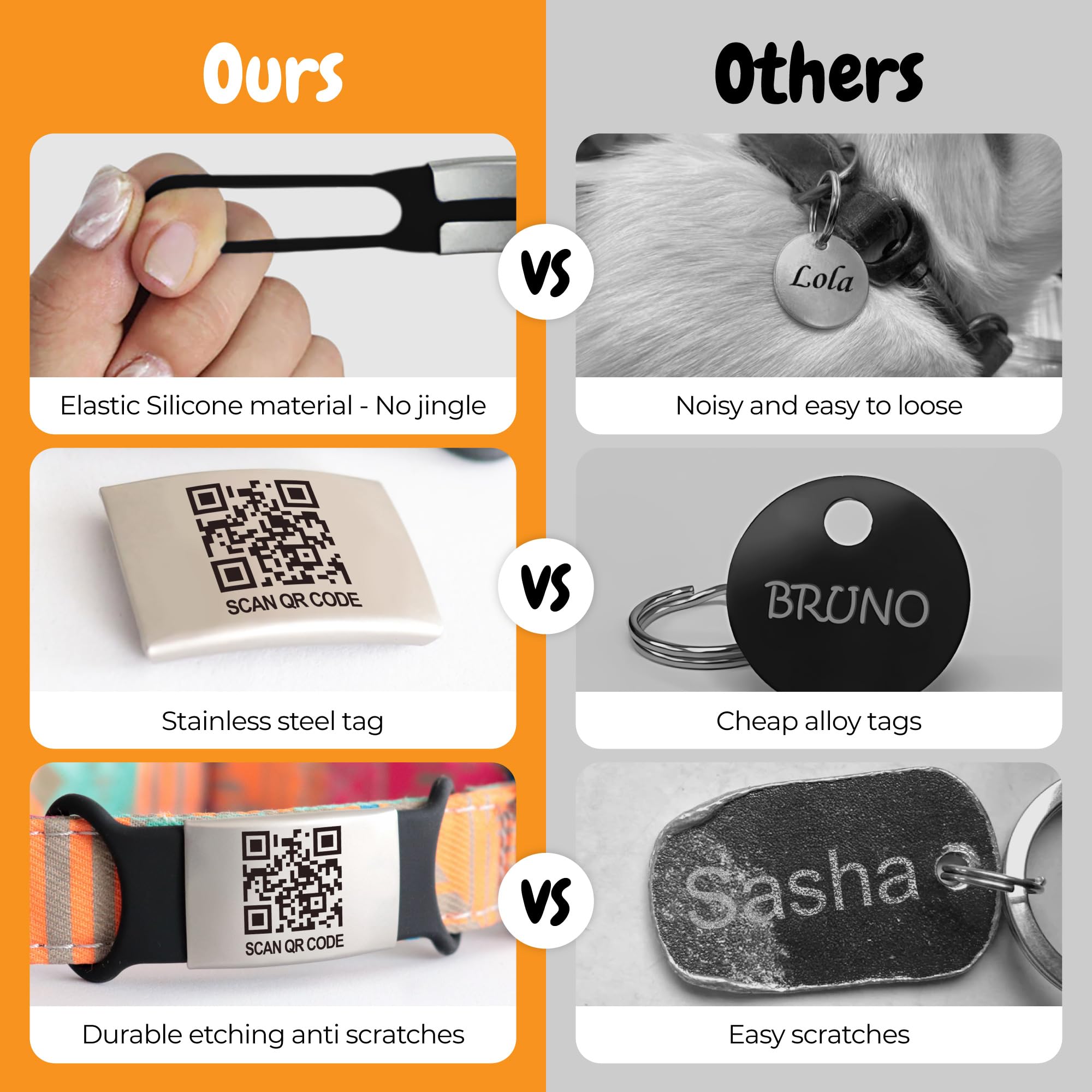 Smart Slide-On QR Code Pet Tag – Silent Dog & Cat ID Tag with Laser Engraving – Stainless Steel & Silicone – No App Needed – Custom Pet Profile – Fits Most Collars