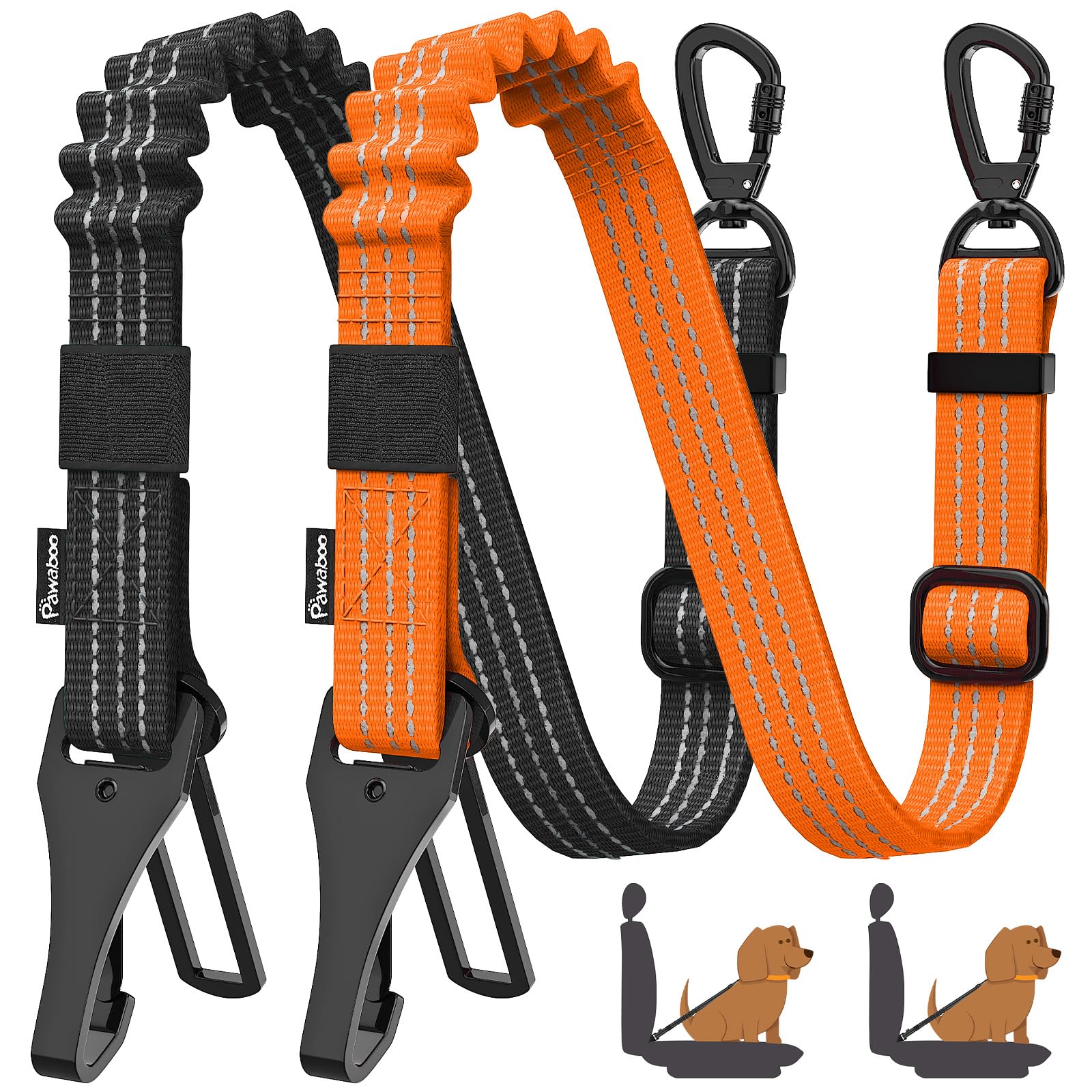 Pawaboo 2-Pack Reflective Bungee Dog Car Seat Belts