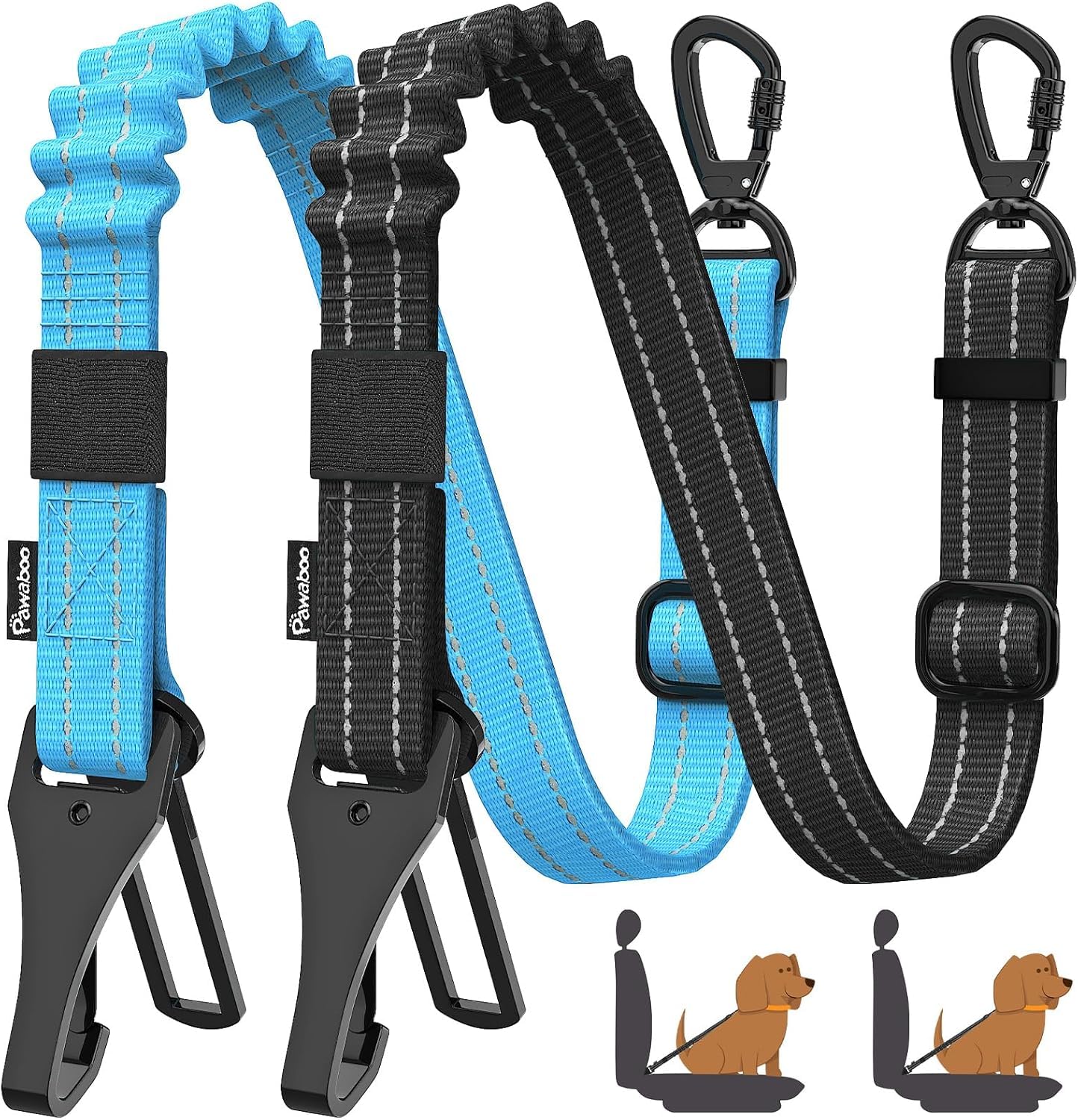 Pawaboo 2-Pack Reflective Bungee Dog Car Seat Belts
