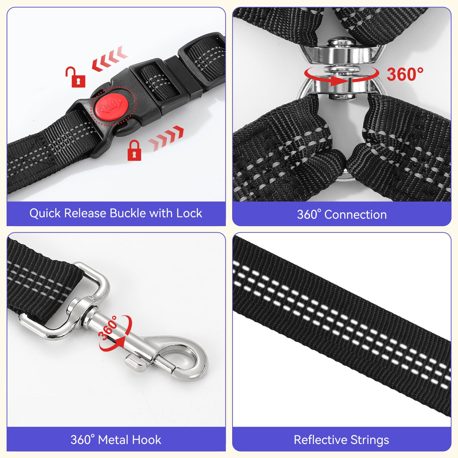 Pawaboo 2-Pack Reflective Bungee Dog Car Seat Belts