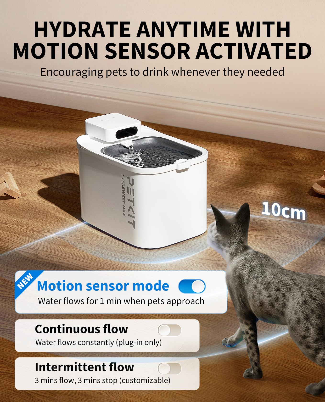 PETKIT EVERSWEET MAX Cordless Cat Water Fountain with Motion Sensor, 101 oz/3L Pet Fountain for Cats Dogs Inside, Automatic Cat Water Dispenser Battery Operated