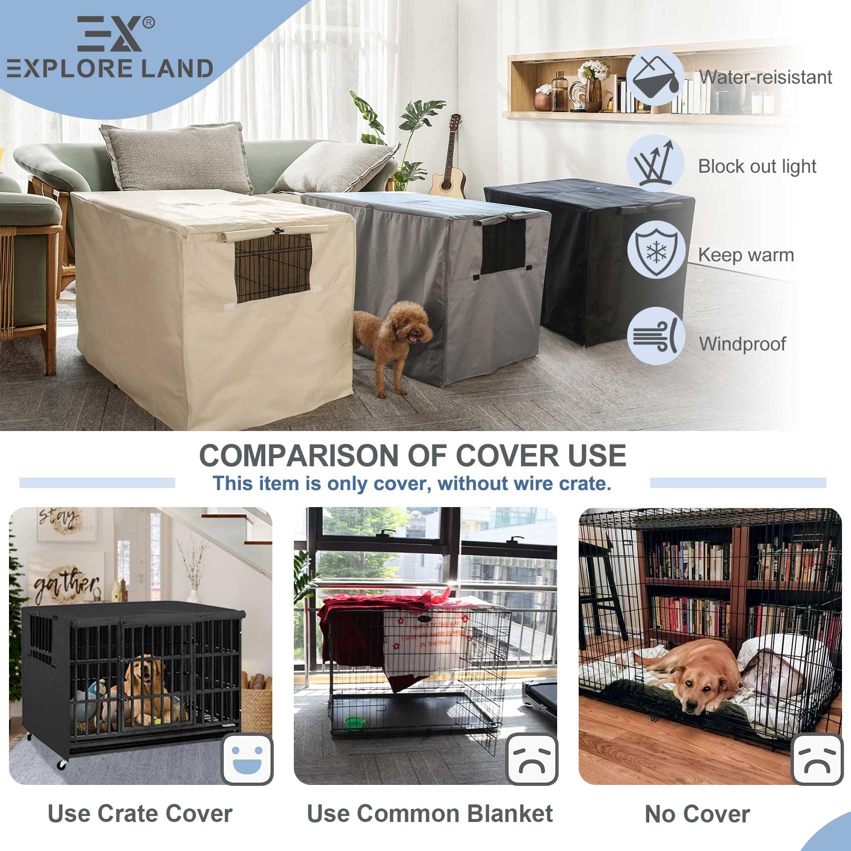 Explore Land Heavy-Duty Dog Crate Cover for Wire Kennels