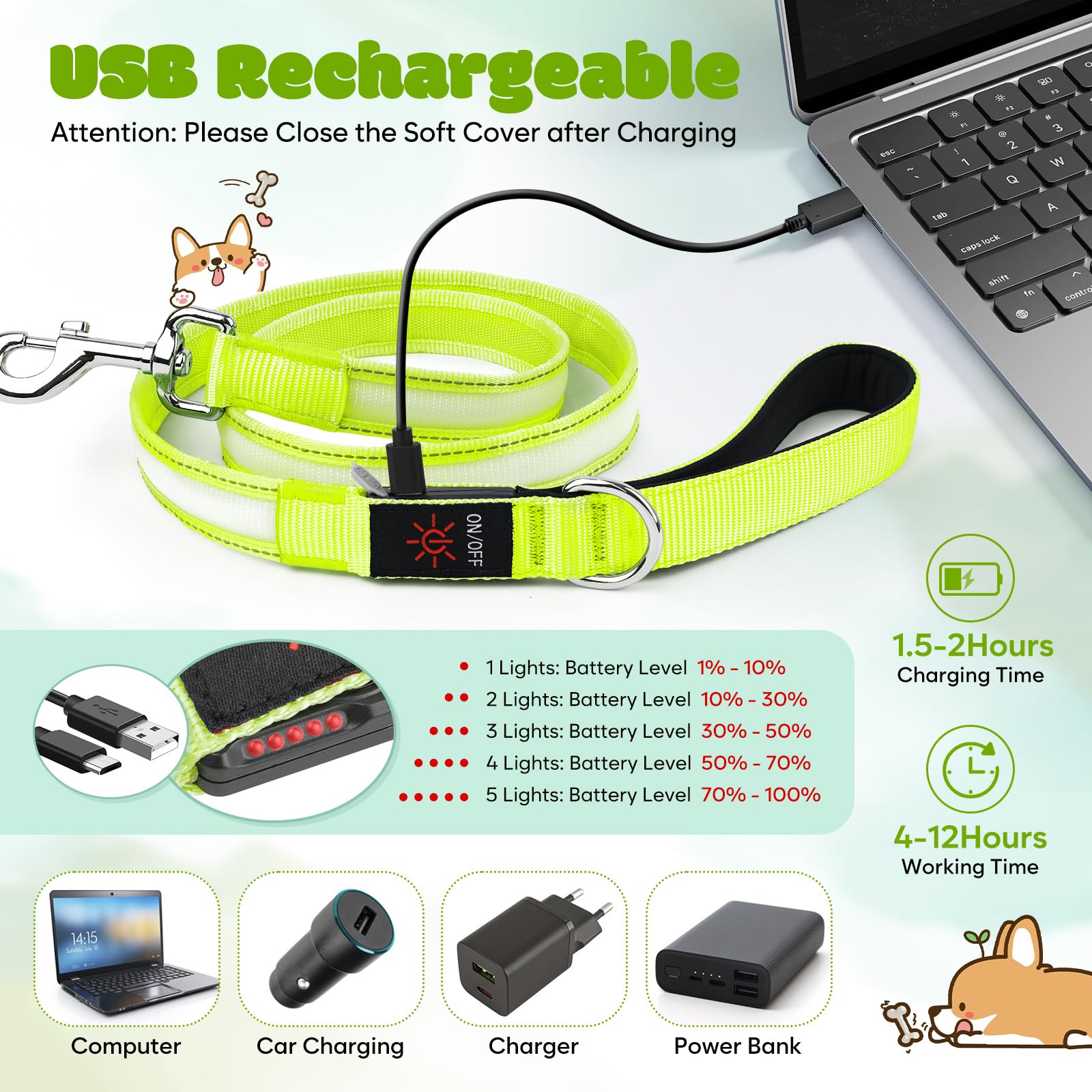 USB-C Rechargeable 13-Mode LED Dog Leash, 4 Feet